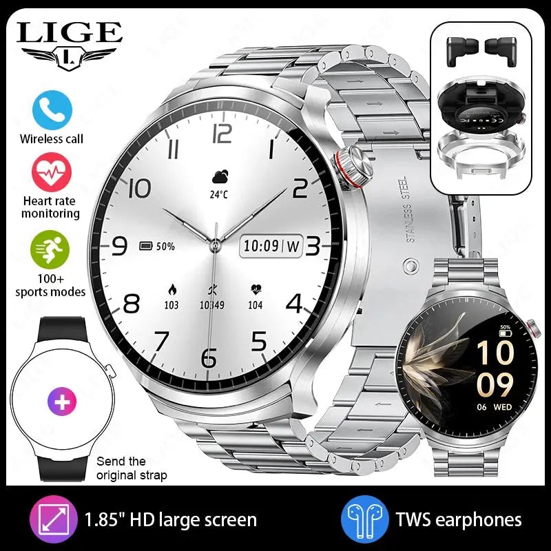 LIGE TWS 2 In 1 Headset Smart Watch 1.85" HD Wireless Bluetooth Calling Health Monitor Sports Fitness Watches With Headphones