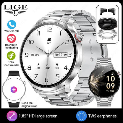 LIGE TWS 2 In 1 Headset Smart Watch 1.85" HD Wireless Bluetooth Calling Health Monitor Sports Fitness Watches With Headphones