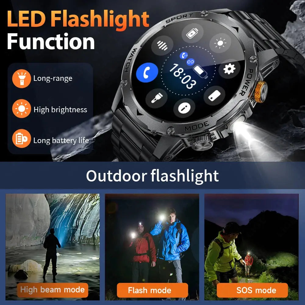 LIGE New Military Outdoor Sport Smart Watch Men Flashlight IP68 Waterproof 1.7" HD Wireless Call Smartwatch 1000mAh Big Battery