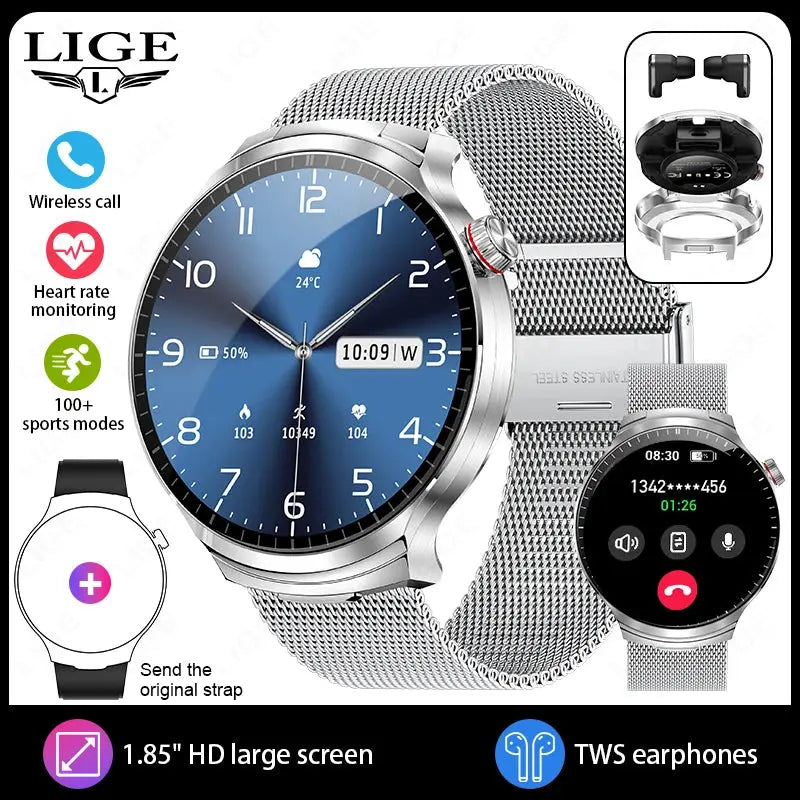 LIGE TWS 2 In 1 Headset Smart Watch 1.85" HD Wireless Bluetooth Calling Health Monitor Sports Fitness Watches With Headphones