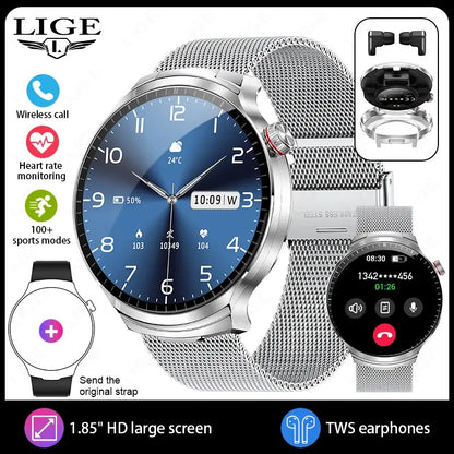 LIGE TWS 2 In 1 Headset Smart Watch 1.85" HD Wireless Bluetooth Calling Health Monitor Sports Fitness Watches With Headphones