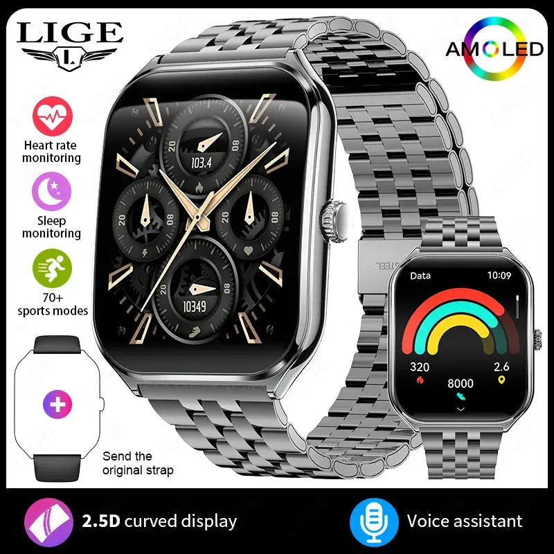 LIGE For HUAWEI Ultra-Thin Smart Watch 1.96" AMOLED Curved Screen Bluetooth Call Heart Rate Blood Pressure Men Women Smartwatch