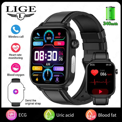 LIGE 2025 New AI Healthy Diagnosis Blood Lipid Uric Acid Blood Pressure Smart Watch Men ECG+PPG Bluetooth Call Health Smartwatch