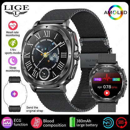 LIGE 2025 New Healthy Blood Fat Uric Acid Smart Watch Men ECG+PPG Micro Physical Examination Body Temperature BT Call Smartwatch