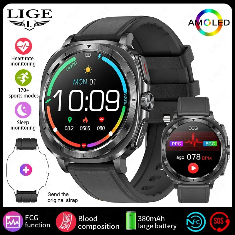 LIGE 2025 New Healthy Blood Fat Uric Acid Smart Watch Men ECG+PPG Micro Physical Examination Body Temperature BT Call Smartwatch