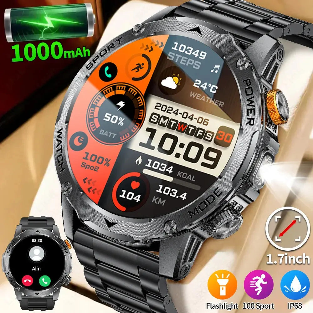 LIGE New Military Outdoor Sport Smart Watch Men Flashlight IP68 Waterproof 1.7" HD Wireless Call Smartwatch 1000mAh Big Battery