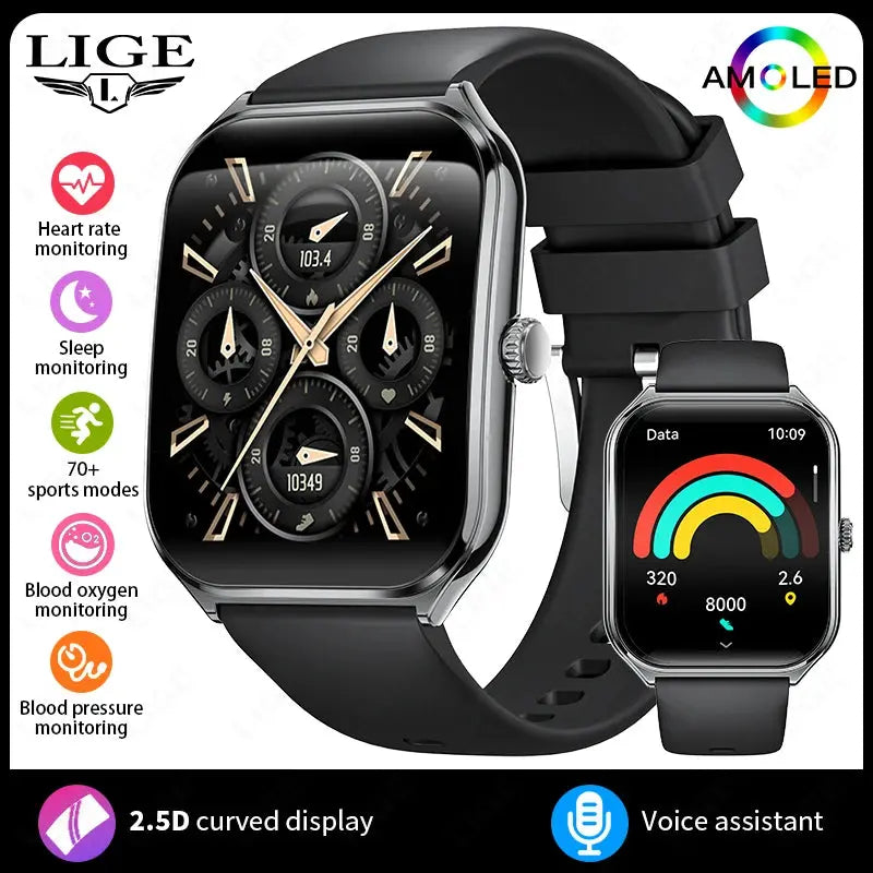 LIGE For HUAWEI Ultra-Thin Smart Watch 1.96" AMOLED Curved Screen Bluetooth Call Heart Rate Blood Pressure Men Women Smartwatch