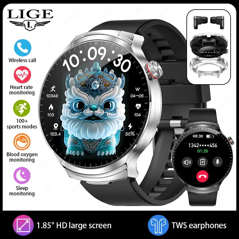 LIGE TWS 2 In 1 Headset Smart Watch 1.85" HD Wireless Bluetooth Calling Health Monitor Sports Fitness Watches With Headphones