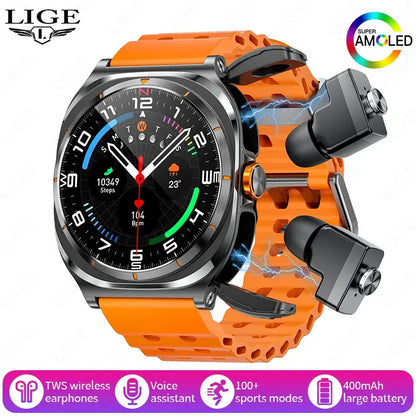 LIGE Headset Smart Watch 2 In 1 TWS Wireless Headphone BT Call Music Smartwatch Health Monitoring 400mAh Waterproof Sports Watch