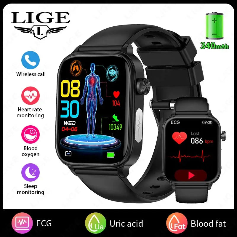 LIGE 2025 New AI Healthy Diagnosis Blood Lipid Uric Acid Blood Pressure Smart Watch Men ECG+PPG Bluetooth Call Health Smartwatch