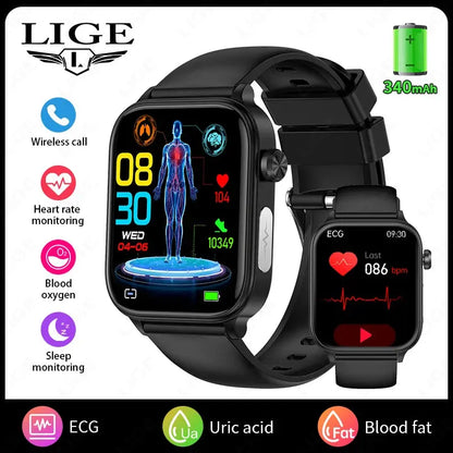LIGE 2025 New AI Healthy Diagnosis Blood Lipid Uric Acid Blood Pressure Smart Watch Men ECG+PPG Bluetooth Call Health Smartwatch