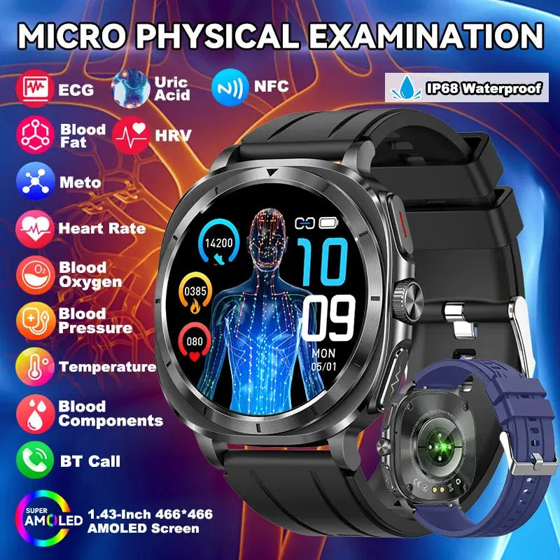 LIGE 2025 New Healthy Blood Fat Uric Acid Smart Watch Men ECG+PPG Micro Physical Examination Body Temperature BT Call Smartwatch