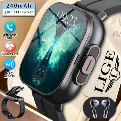 LIGE New 2 In 1 TWS Smart Watch With Earbuds Heart Rate NFC Bluetooth Call Music Play Sports Fitness Earphone Smartwatch Men