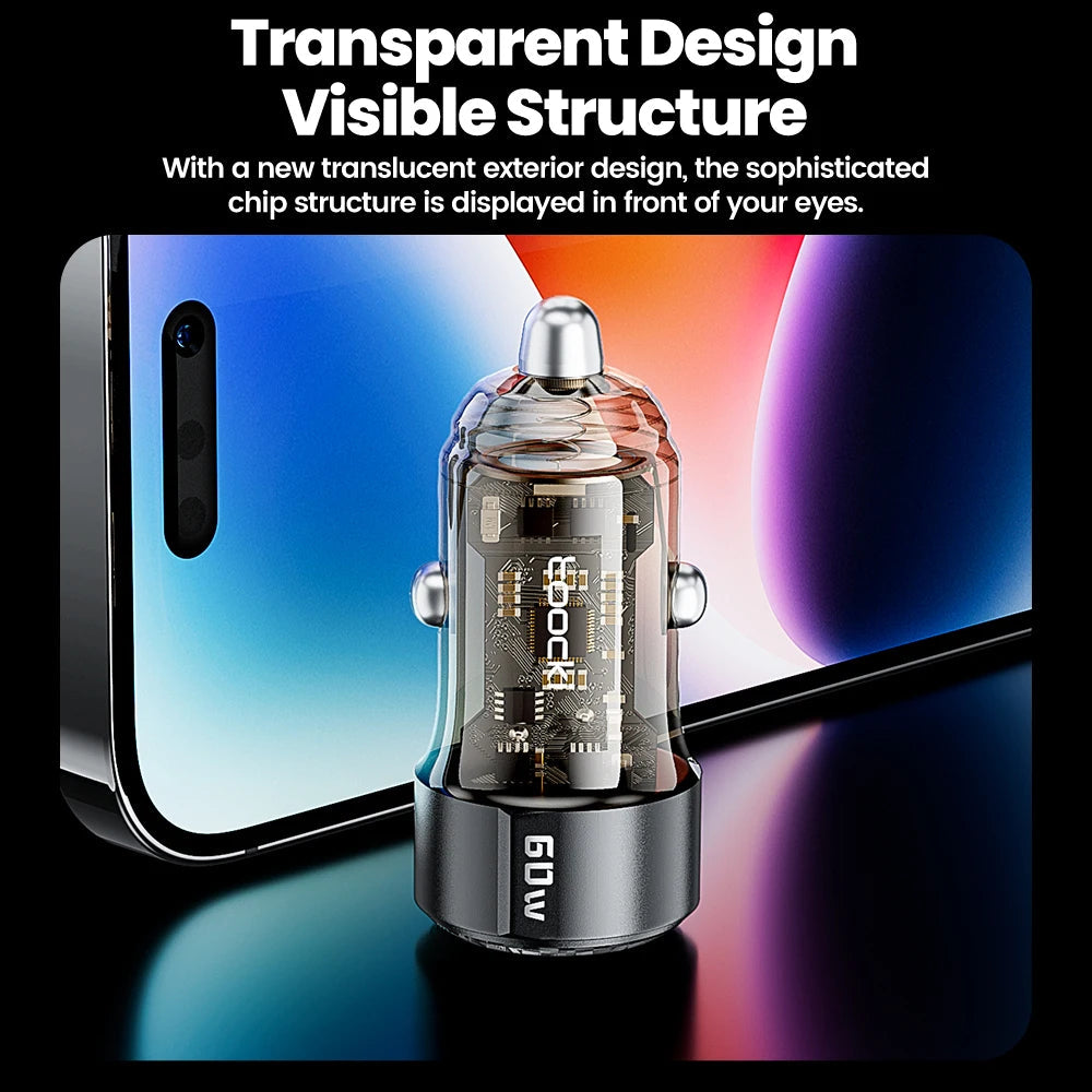 Toocki Transparent USB Type C Car Charger PD QC 3.0 Fast Charging 60W ryshop