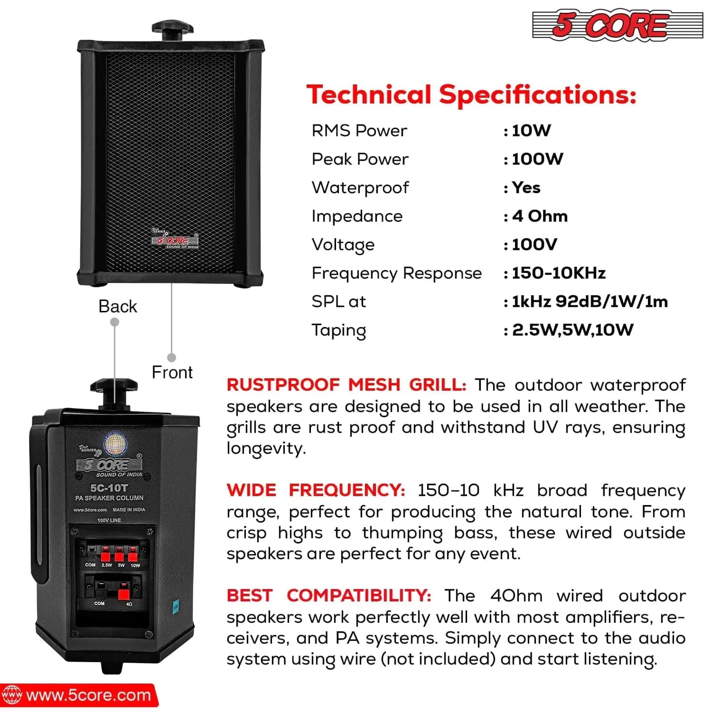 5Core Outdoor Speakers Stereo In Wall 100W Peak Passive Home Audio System ryshop
